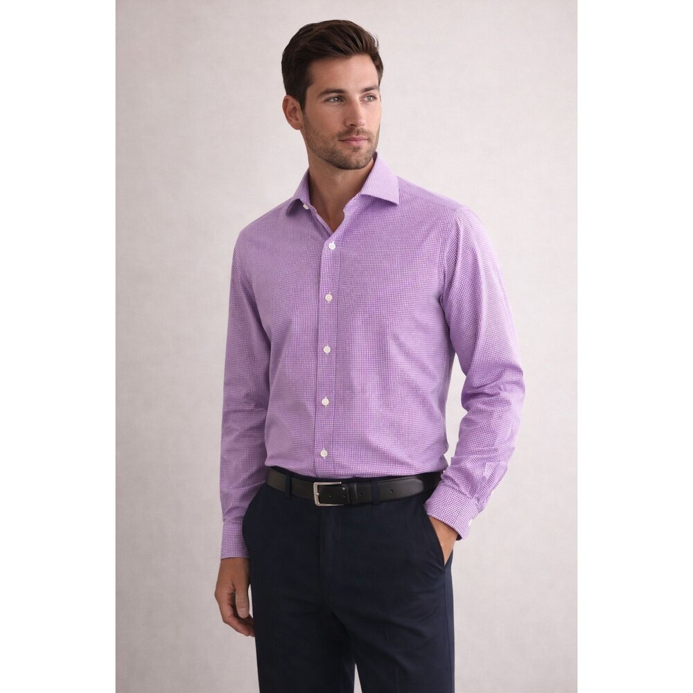 BARNEYS New York Dress Shirt Purple White Check Cotton‎ Men's Regular 16.5